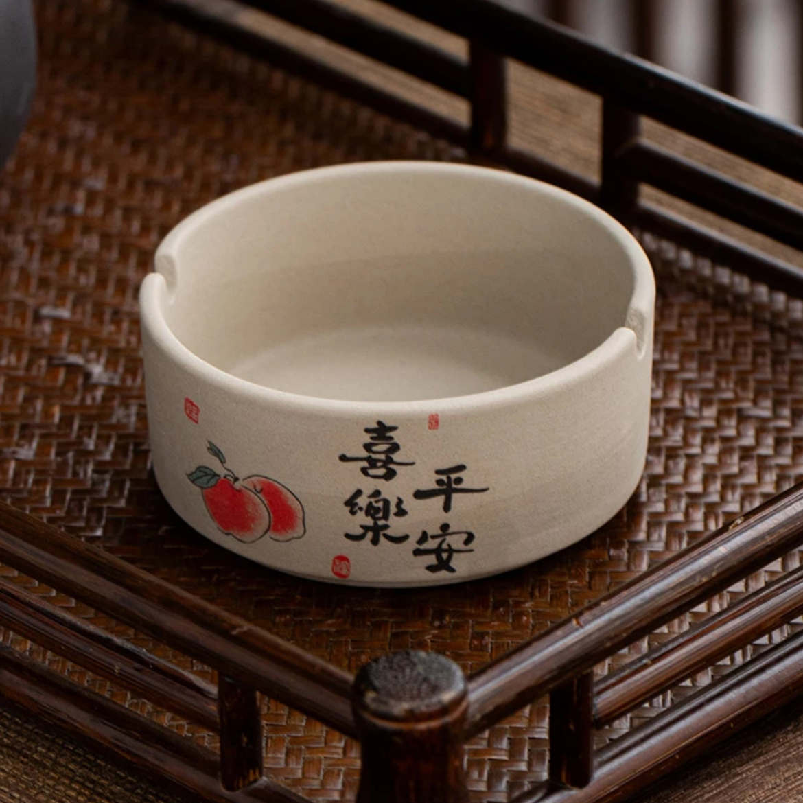茗香瓷器 粗陶双孔-平安喜乐烟灰缸-6247