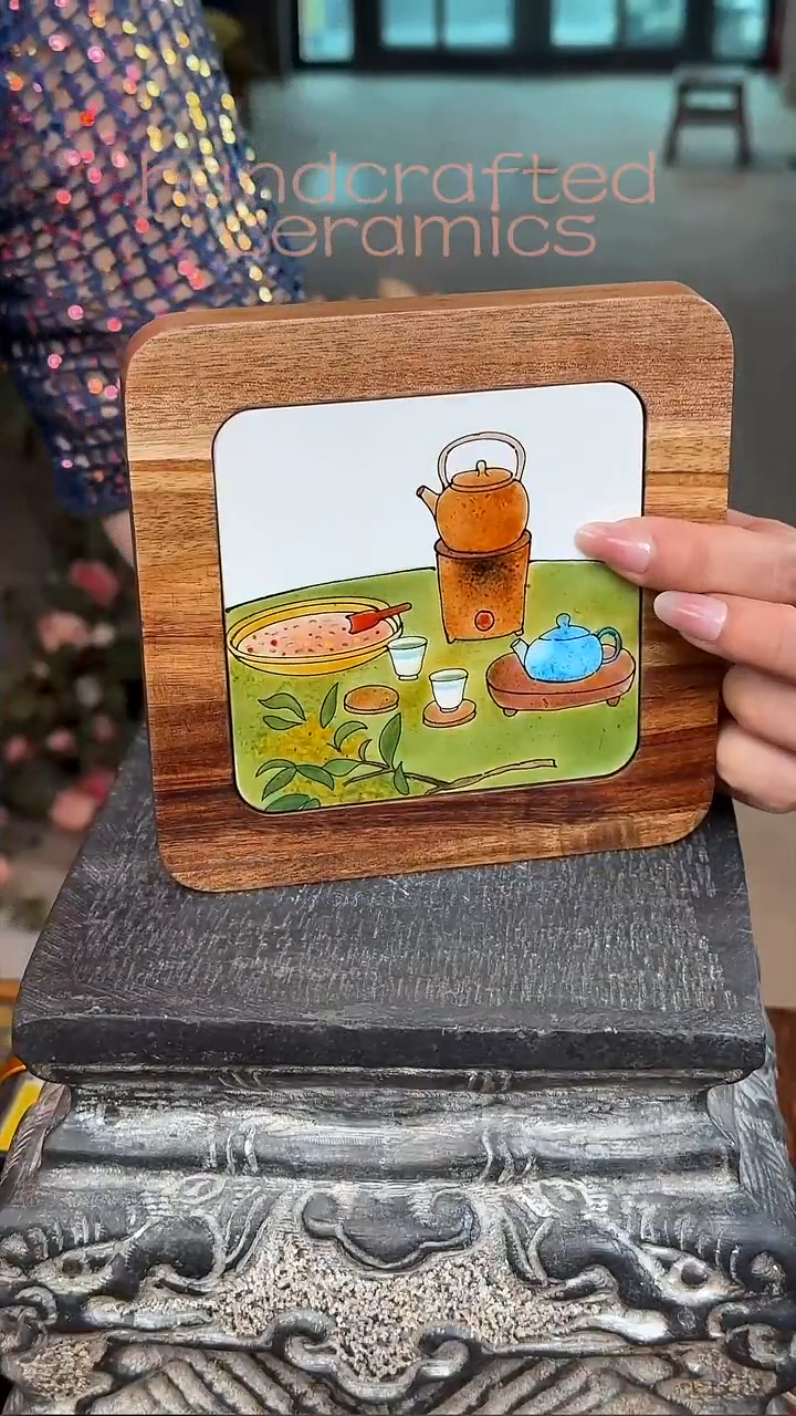 手工陶瓷釉上彩瓷片相思木杯托隔热垫
