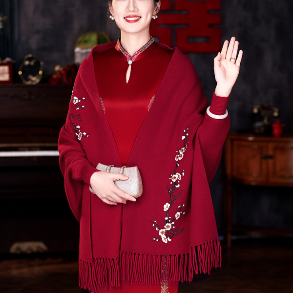 披肩婚礼妈妈配旗袍外搭秋冬喜婆婆羊绒带袖结婚礼服时尚斗篷外套