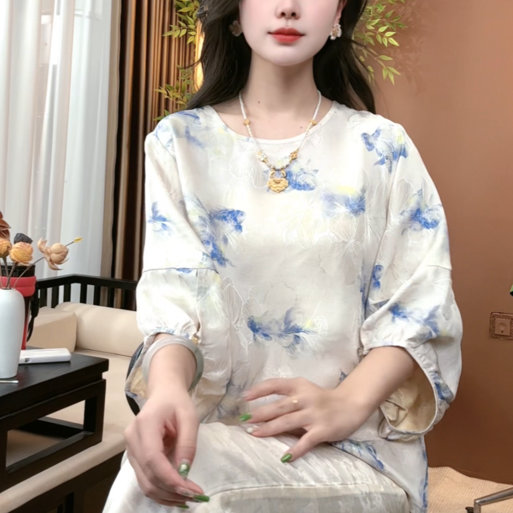 2025夏季新中式桑蚕丝短袖时尚显瘦百搭中国风上衣女S129