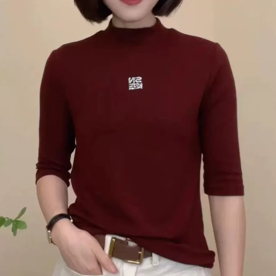 秋季修身显瘦半高领T恤女五分袖中袖百搭洋气纯色打底衫内搭上衣