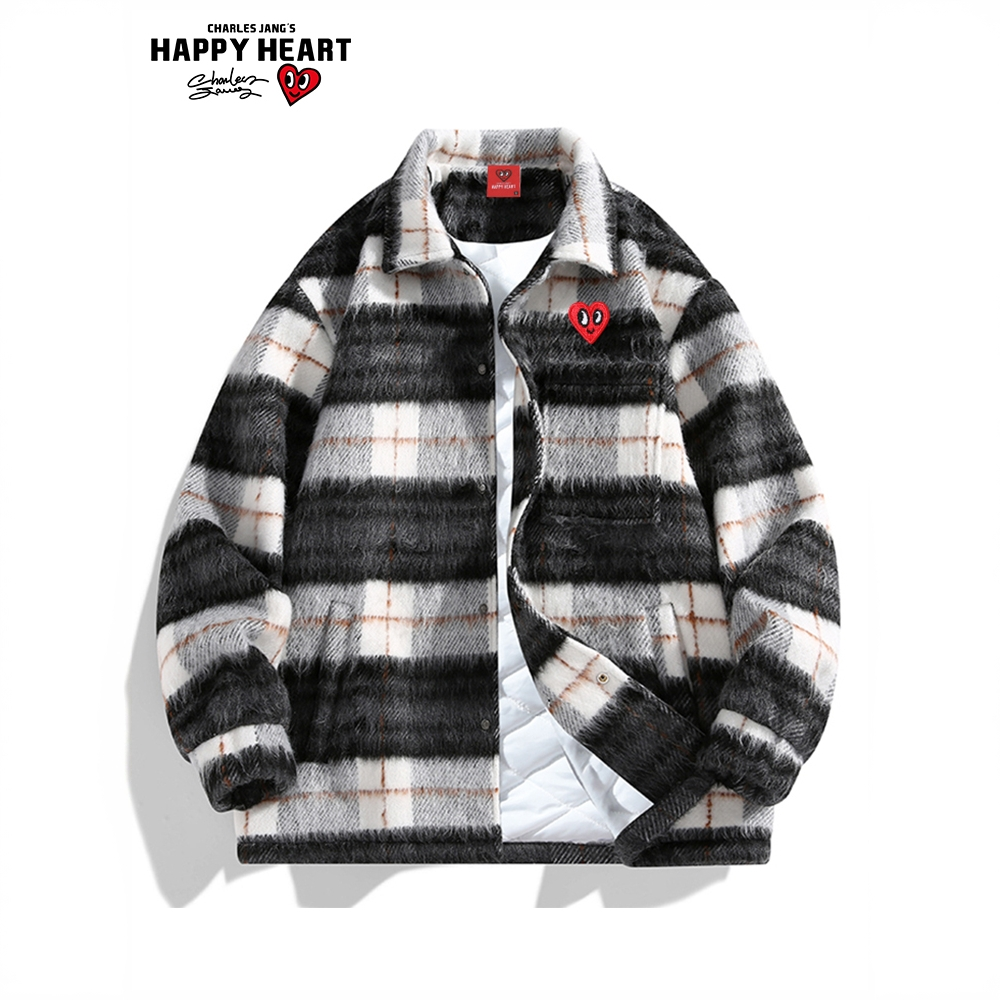 查尔斯桃心美式小香风格子翻领夹克男秋冬季长绒毛呢加厚棉服外套