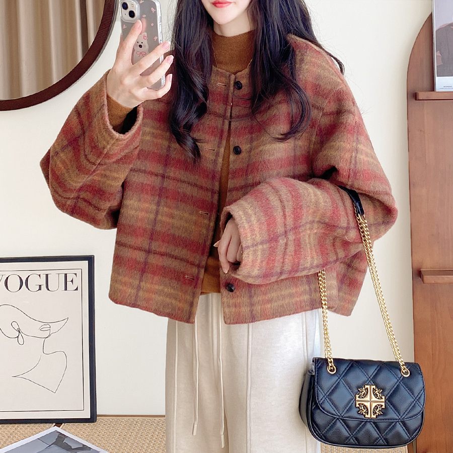 秋冬新款复古圆领格子毛呢外套短款小个子双面绵羊毛大衣女MLQ650