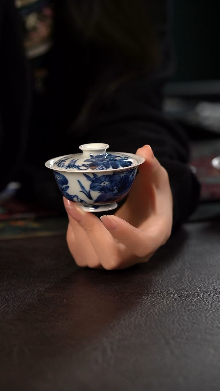 柴窑洪印慕明牵牛花小盖碗