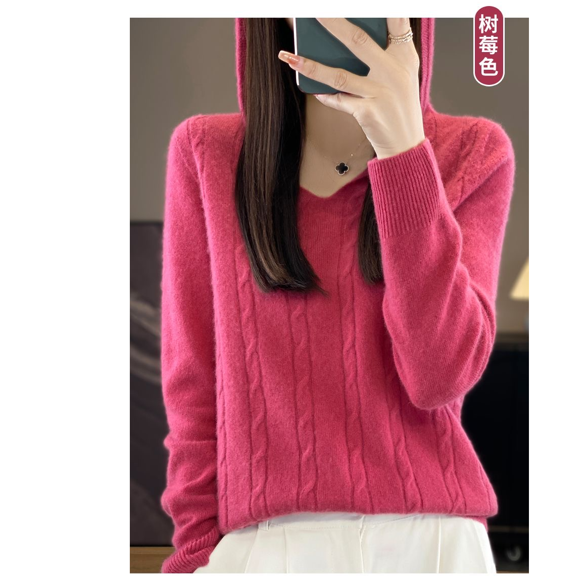 春天5【高品质】秋冬扭花连帽女宽松显瘦打底针织衫套头纯色慵懒风