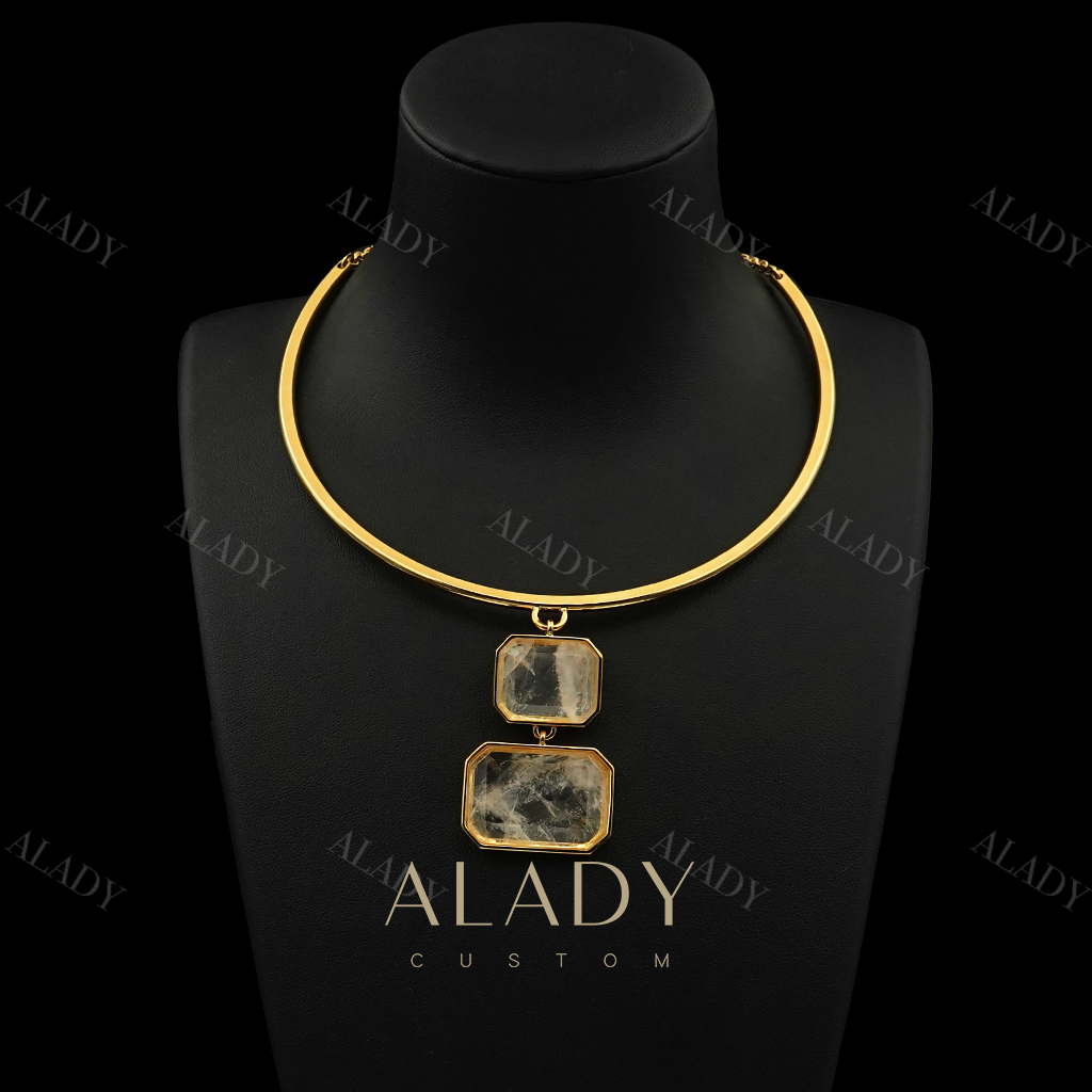 合金合成锆石项链 复古方形大冰糖气质高级感项圈