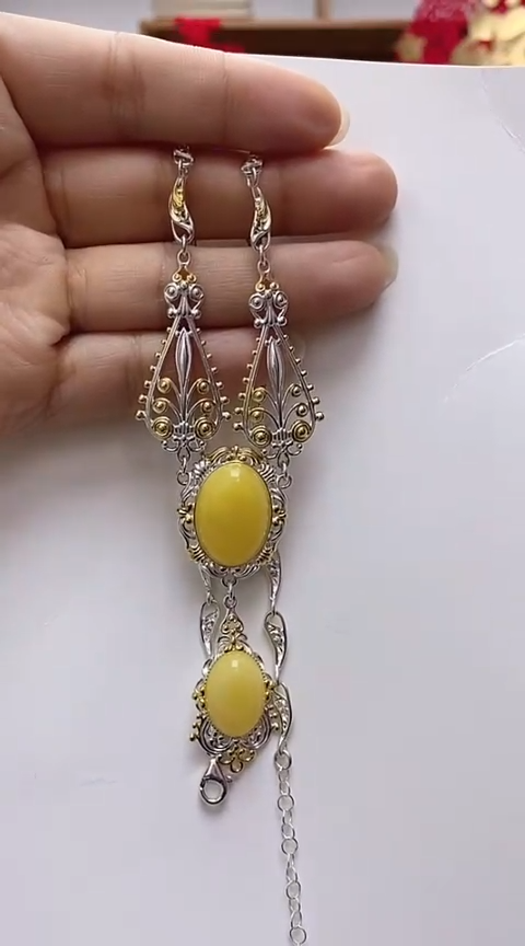 【闪购商品】琥珀裸石银S925镶嵌蜜蜡项链