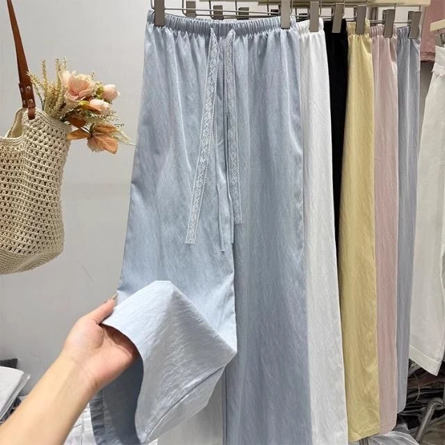 慵懒蕾丝抽绳窄板阔腿裤女多巴胺夏季垂感显瘦直筒休闲裤长裤