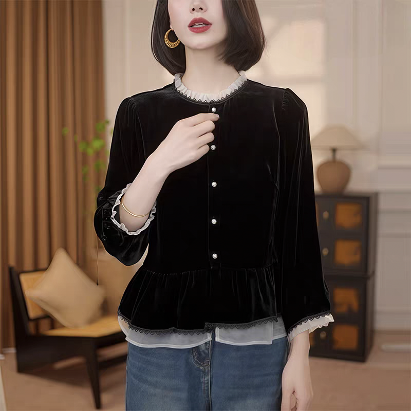 丝绒开衫2026秋冬设计款拼接金丝绒小外套上衣女休闲显瘦重工衬衫