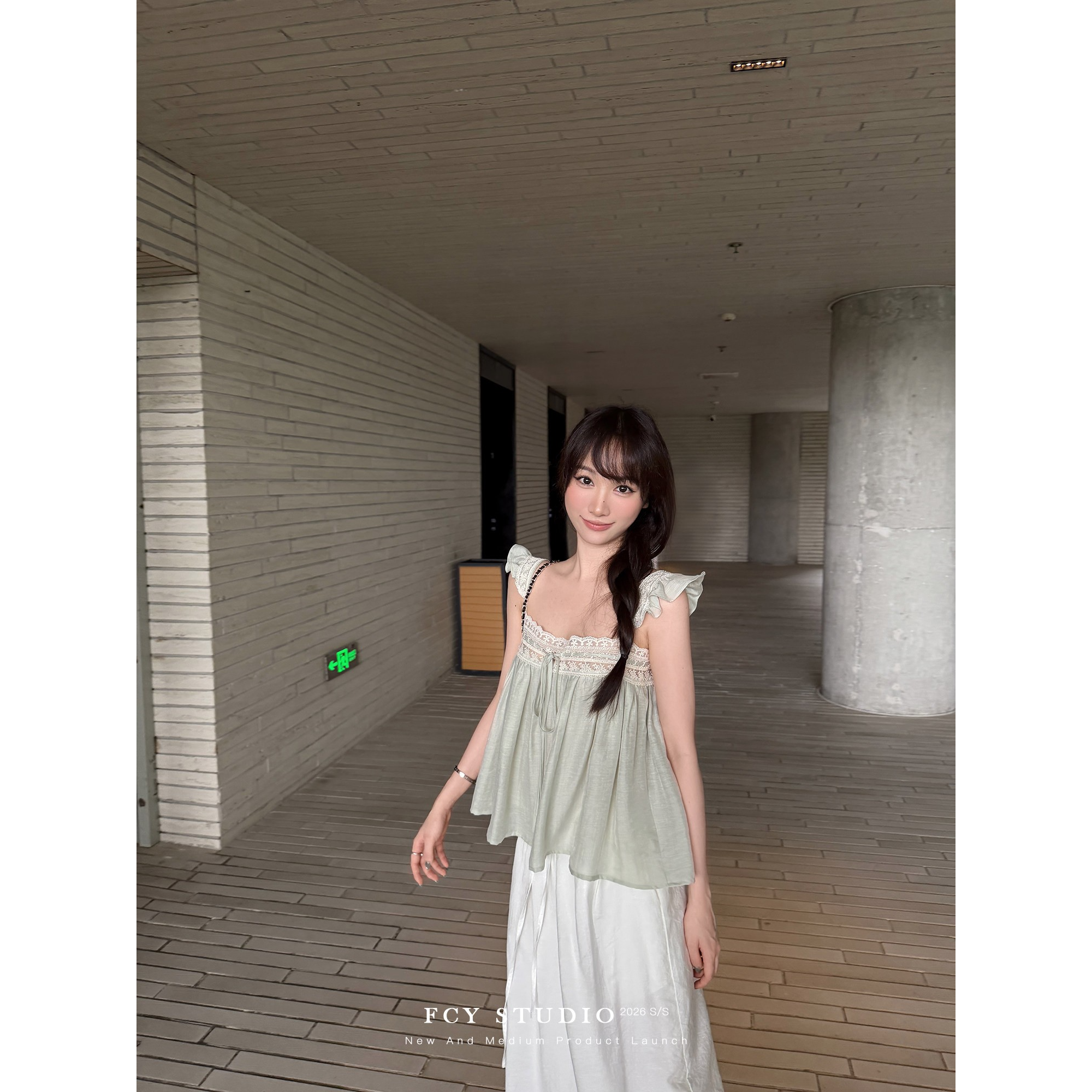 FCY studio 薄荷之夏 薄荷绿蕾丝吊带衫女小飞袖甜美风天丝小上衣
