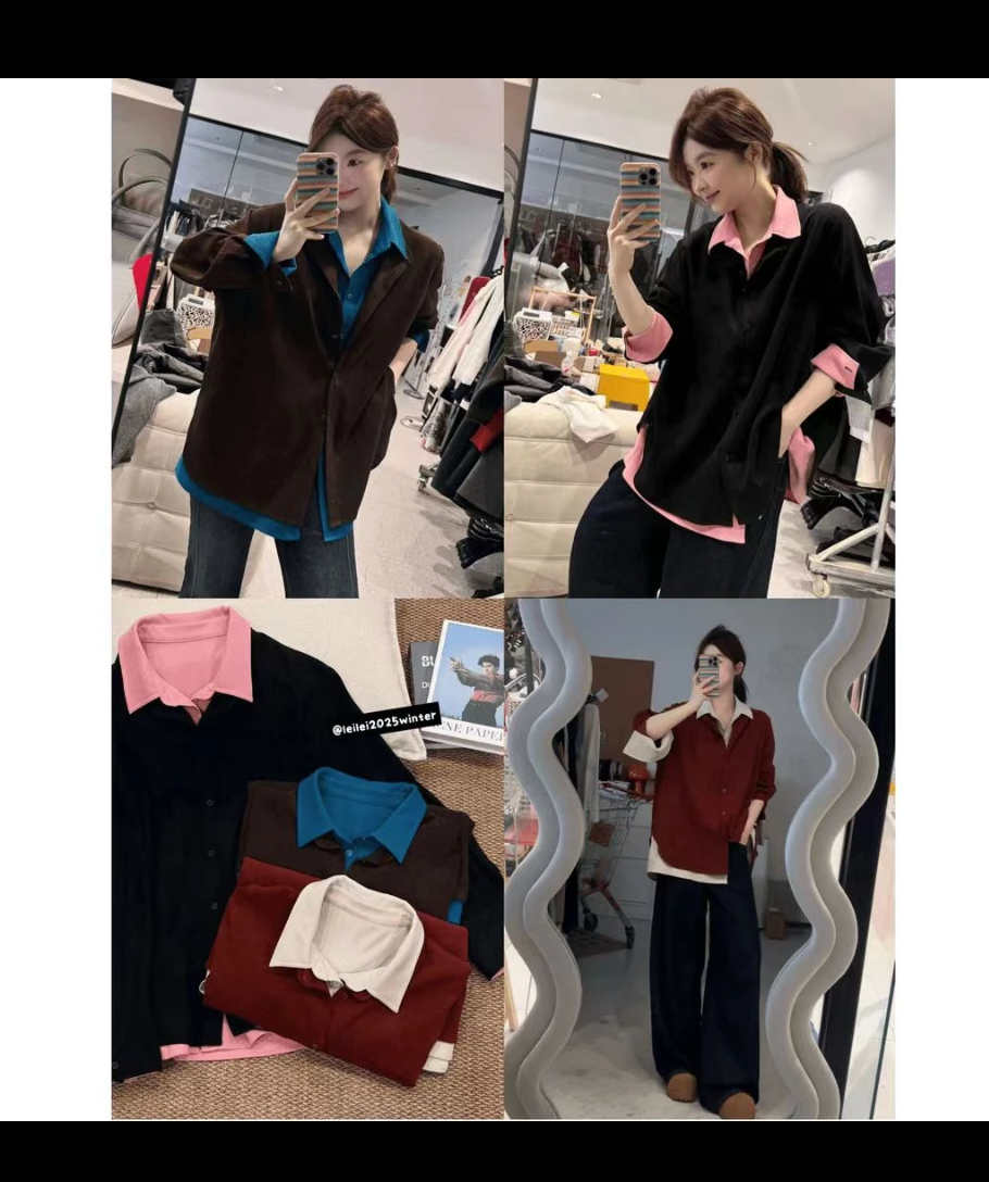 韩版假两件撞色翻领衬衫女冬季大码胖显瘦减龄气质外套上衣H1601