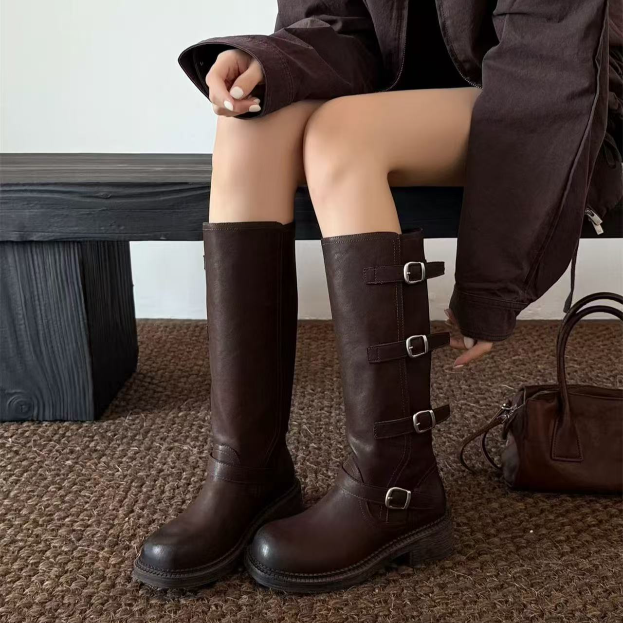 【欧洲站高奢女鞋尾单】60-8586高品质皮带扣骑士机车高筒靴时装靴