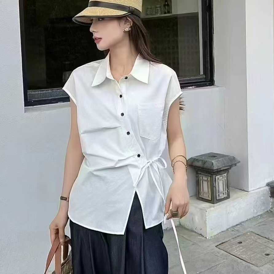 斜扣系带衬衫女夏季新款宽松设计感上衣8518# 衣长57