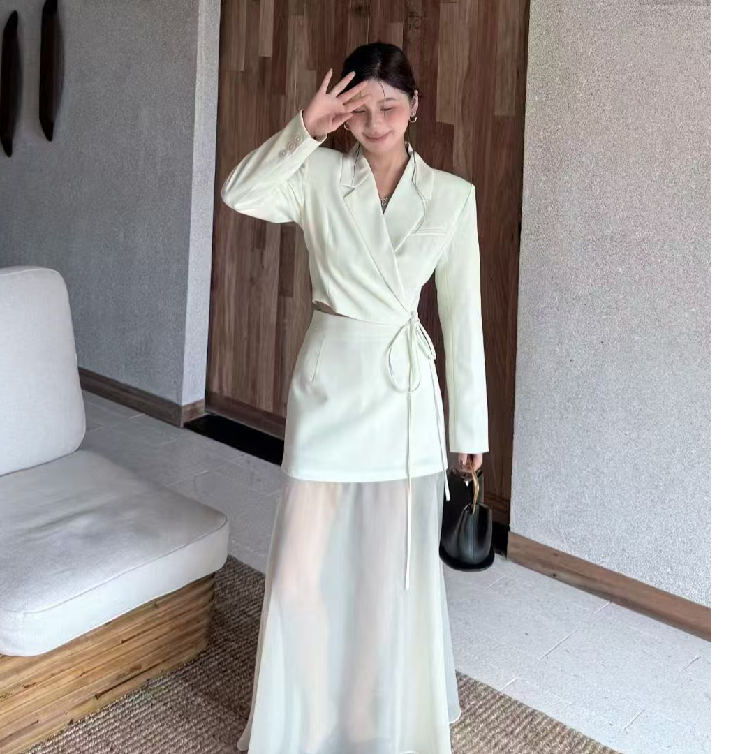 （纯欲辣妹天菜）西装领收腰绑带透视网纱显瘦百搭小香风套装