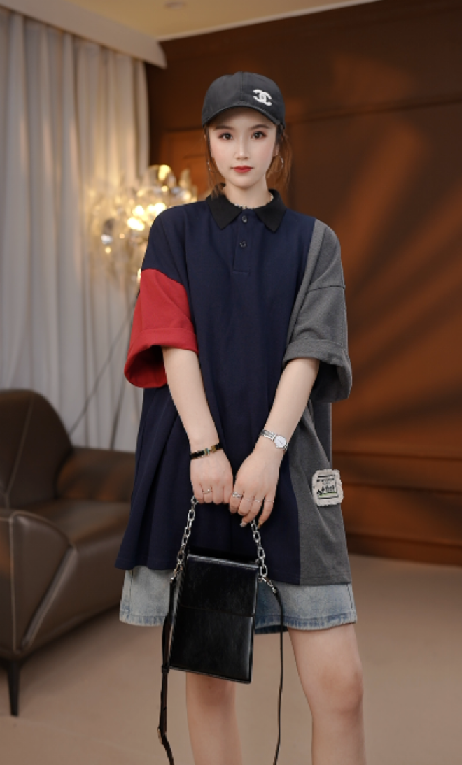 2025春季新款欧韩时尚原创设计感宽松大气POLO领撞色上衣女