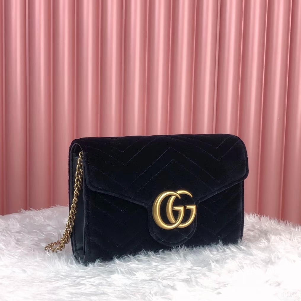 95新 GUCCI/古驰 黑金丝绒woc单肩/斜挎包
