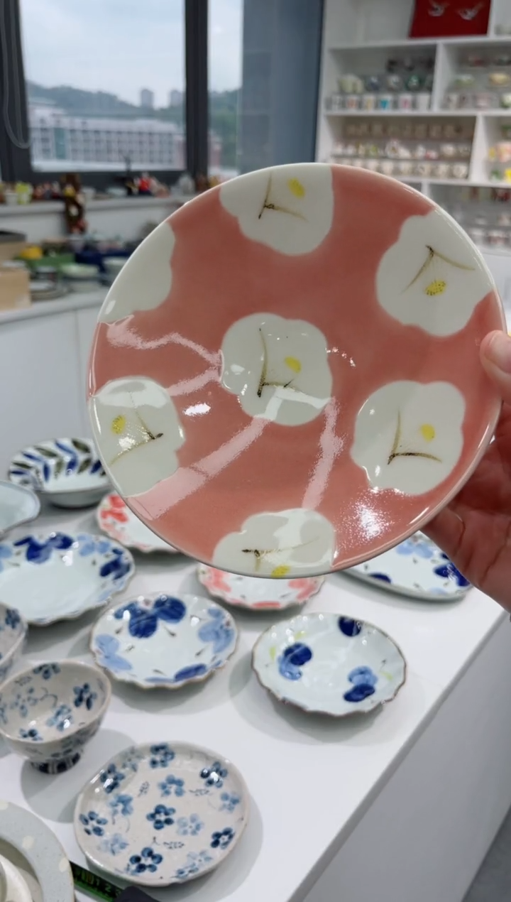 【闪购商品】瓷片粉釉山茶花高脚盘