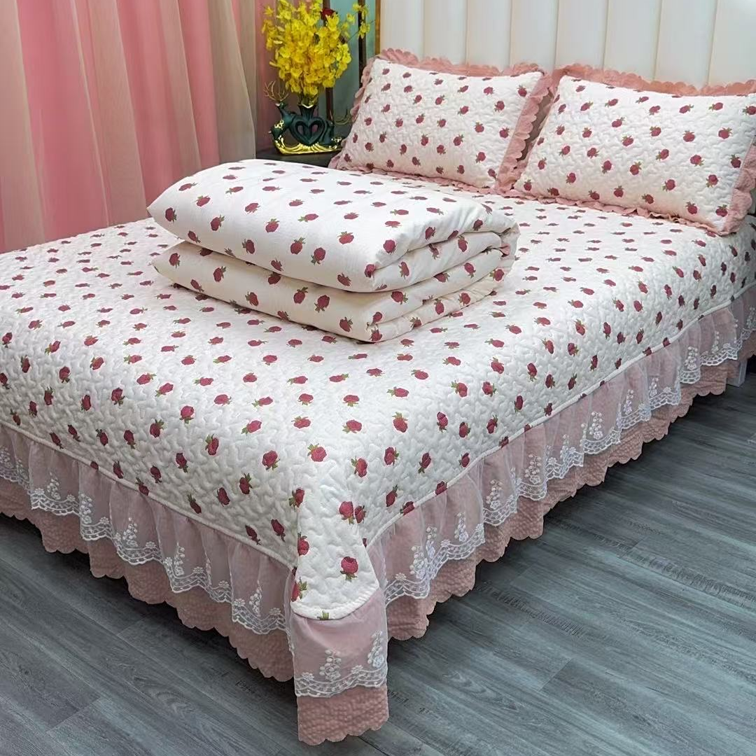 四季款床盖夹棉床裙四件套亲肤透气床盖三件套韩版被套蕾丝奢华