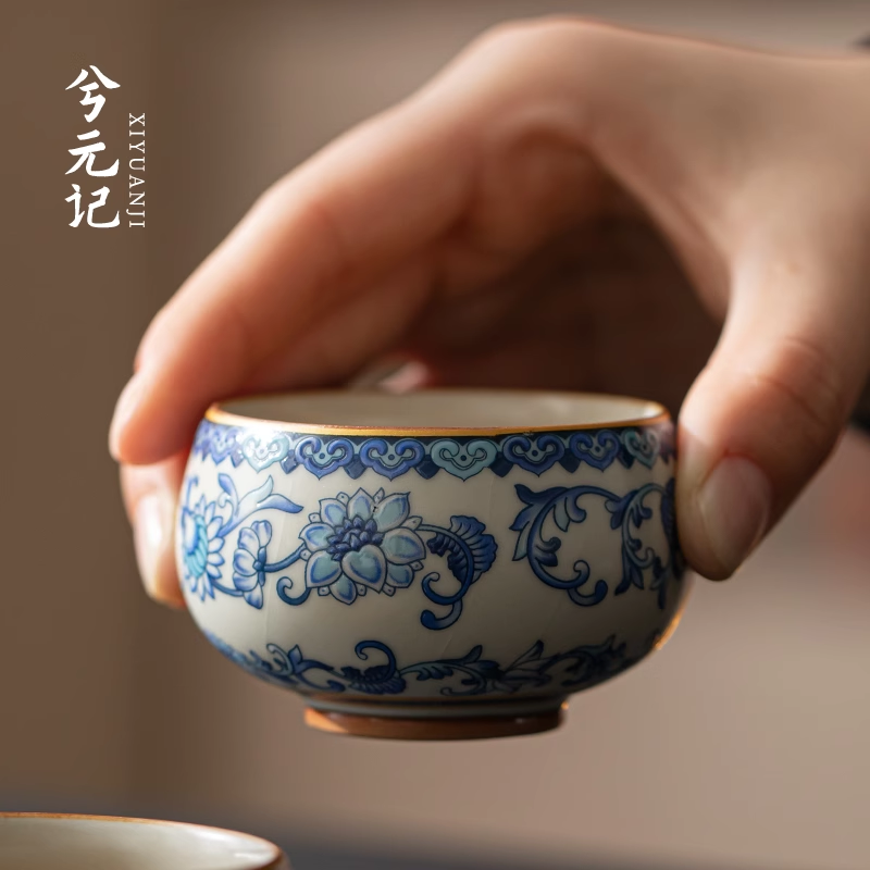青花汝窑禅定杯满花描金珐琅彩茶杯高档主人杯单杯家用喝茶品茗杯