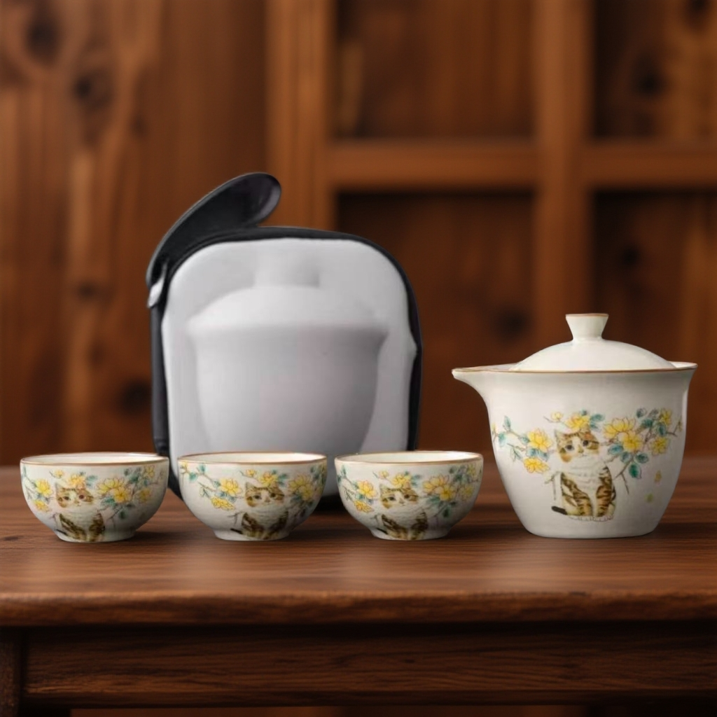 桂花猫咪一壶三杯户外便携式家用旅行茶具41