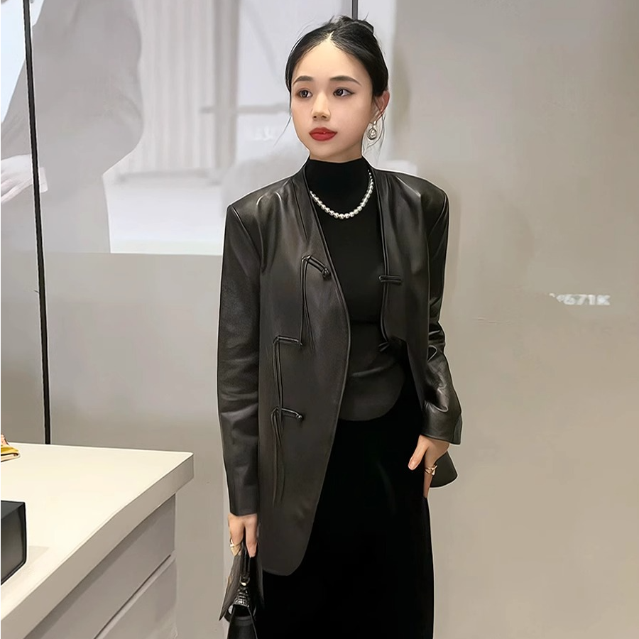 新中式国风高级感女装小香风黑色外套2024新款春秋季宽松显瘦皮衣