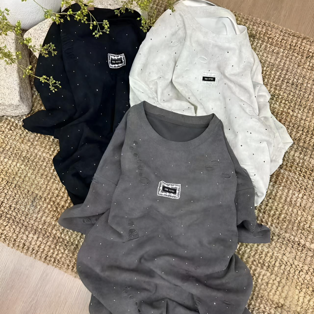 欧货春新款重工艺扎染满天星宽松显瘦中长短袖T恤胸围116衣长73