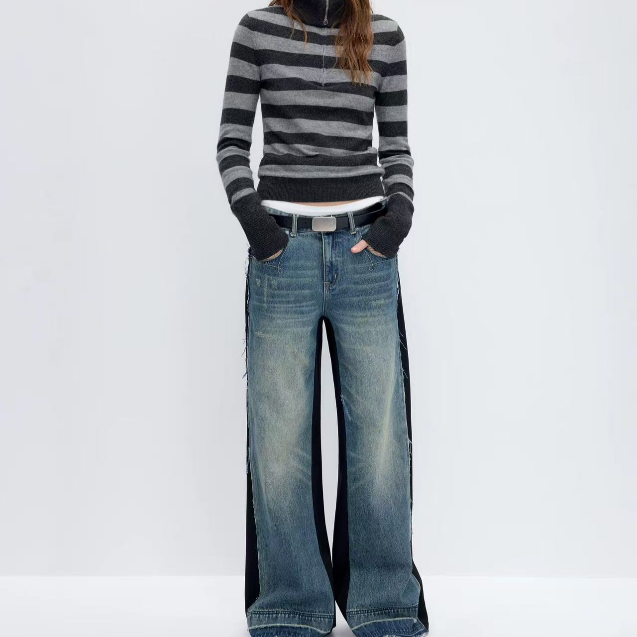 女针织毛针织衫秋季混纺条纹开衫高腰设计感蓝色宽松