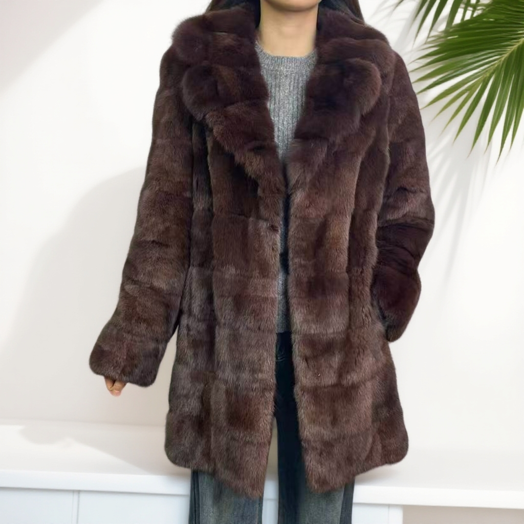 （85cm）进口俄罗斯貂西装领中长款红棕色轻奢女装外套