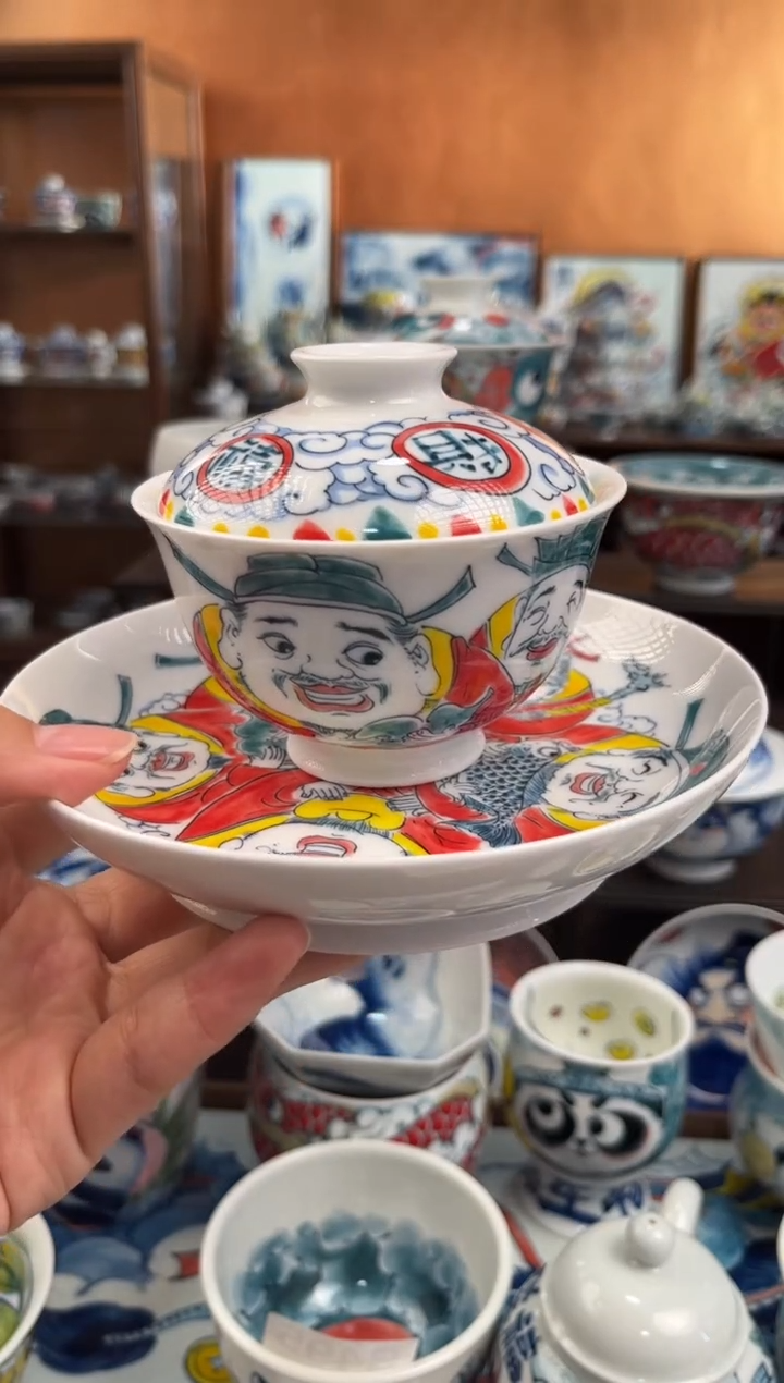 昨明财神盖碗加壶承