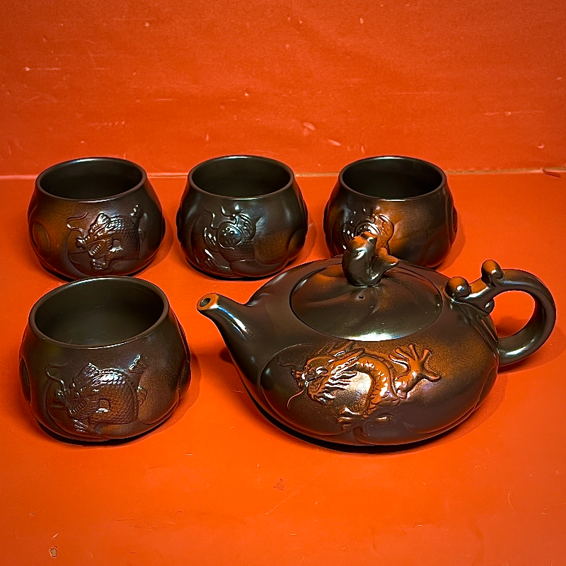 紫陶鱼化龙凤鸣壶【一壶配4个鱼化龙杯】D233