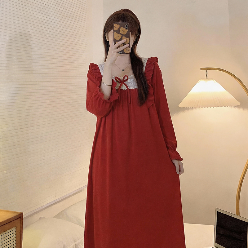 炸姐甜美风红色长袖睡裙女宫廷风花边蝴蝶结长裙