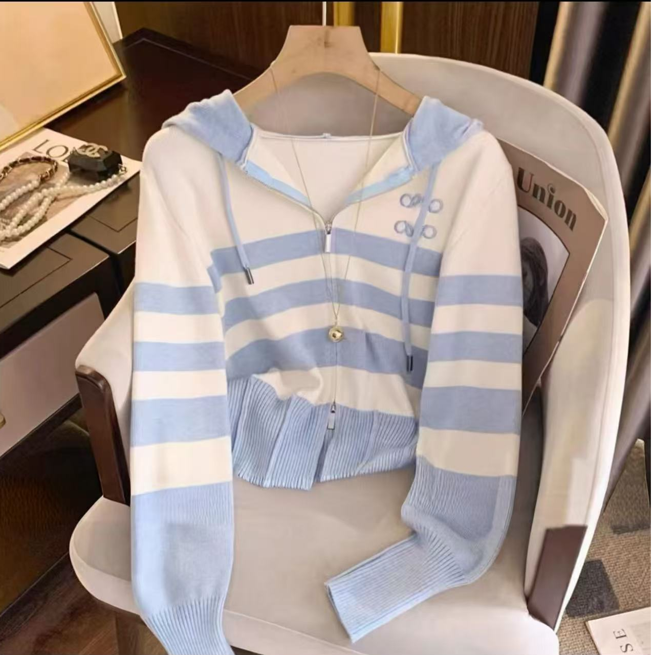 （G671）2025秋新款大码双拉链条纹连帽针织开衫外套宽松显瘦上衣