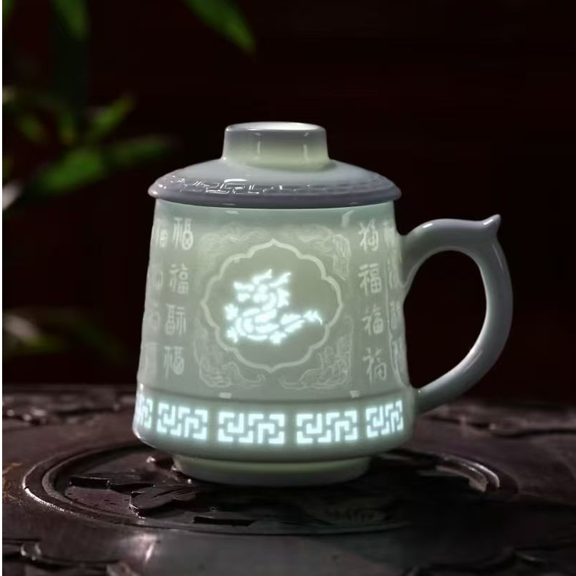 景德镇陶瓷茶具青釉雕刻玲珑办公杯茶水分离办公家用水杯百川杯