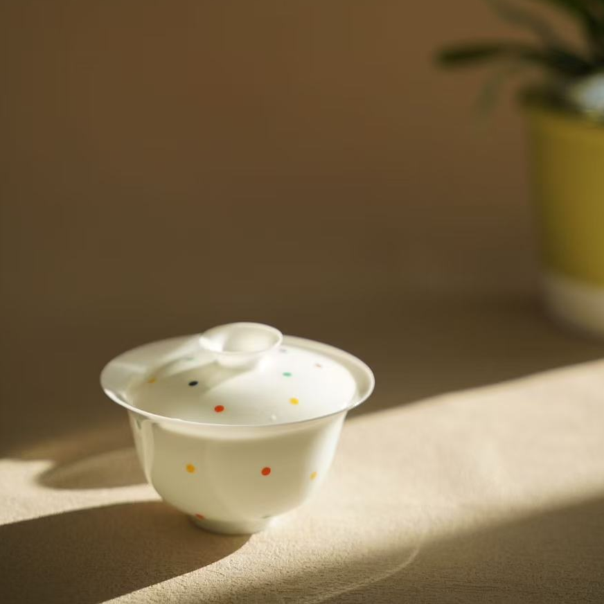 预售；柴烧薄胎/波点盖碗110-120cc/手作手绘