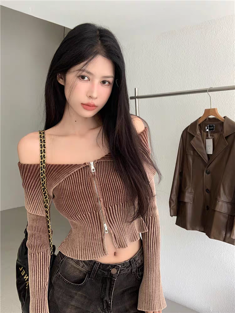 三柒服饰气质辣妹风长袖性感秋季镂空毛针织衫气质辣妹流苏韩系