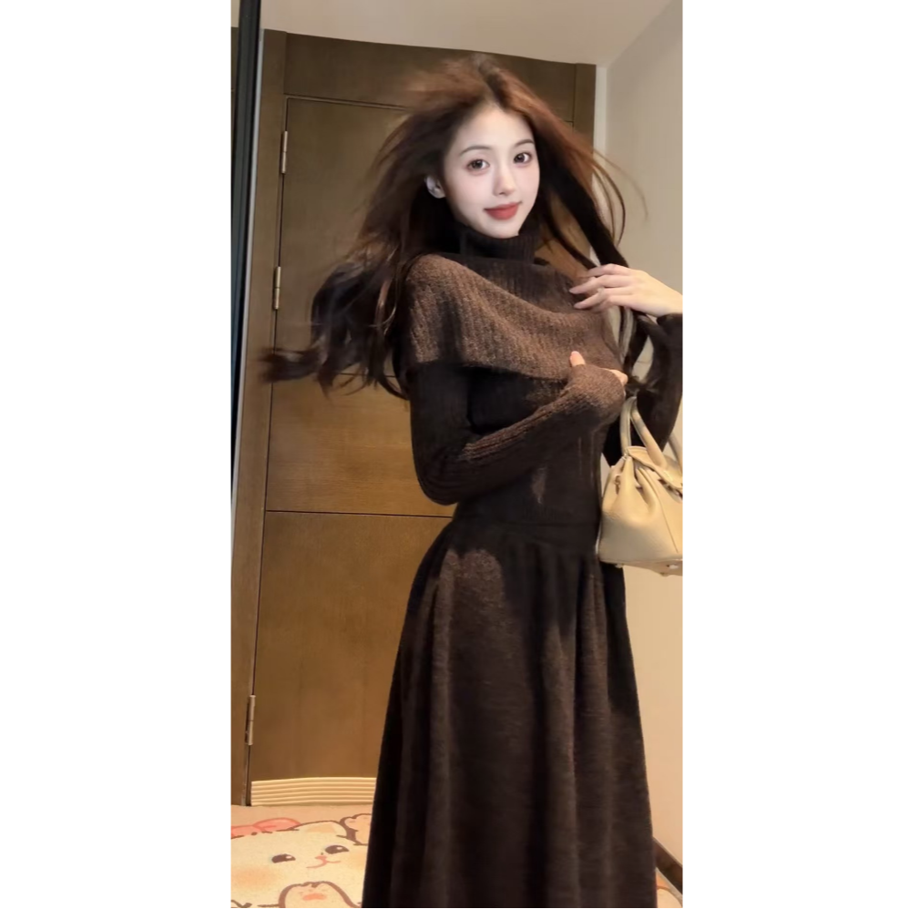 【清仓】法式高领长袖针织套装裙配大衣内搭打底裙气质套装W