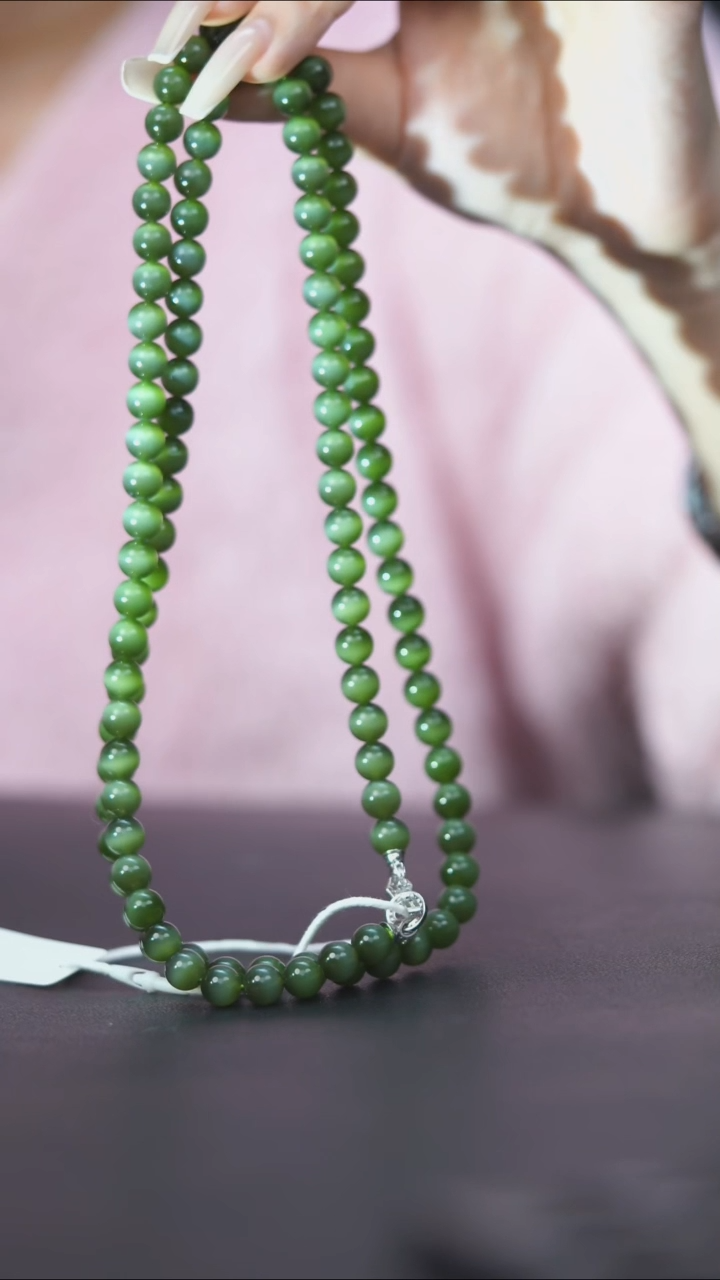 项链未镶嵌和田玉HD40153碧玉圆珠猫眼项链