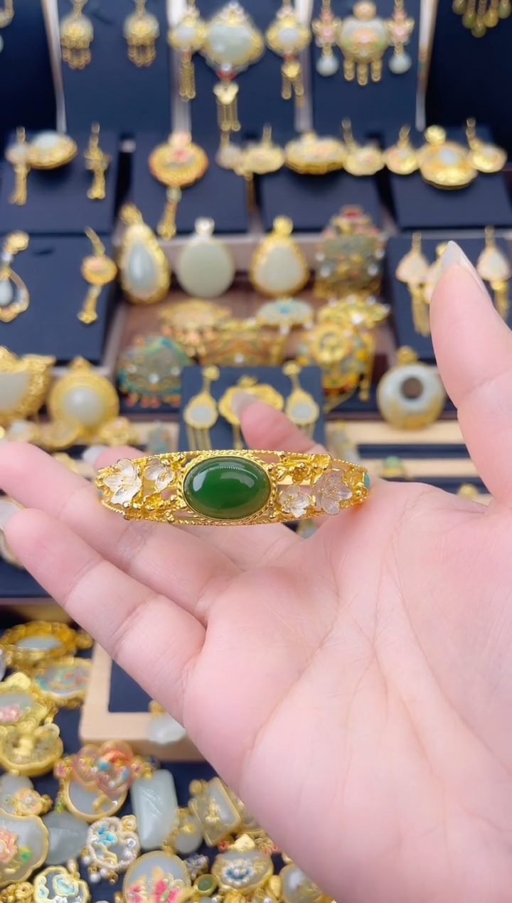 项圈银S925镀金镶嵌和田玉花丝鹅蛋面手镯