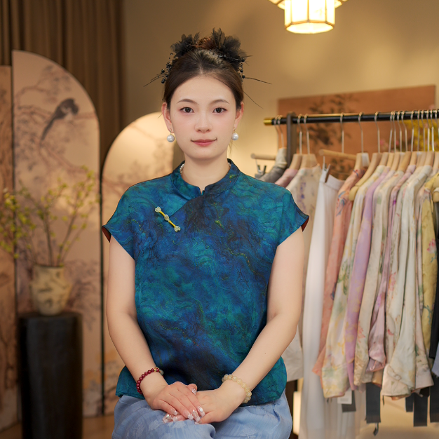 蔚蓝梦境 斜襟盘扣国风新中式短袖6594