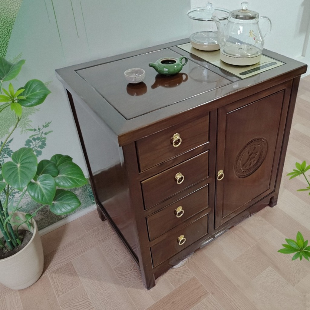 新中式实木榆木小茶桌阳台小茶几多功能可移动茶水柜桌边柜茶室柜