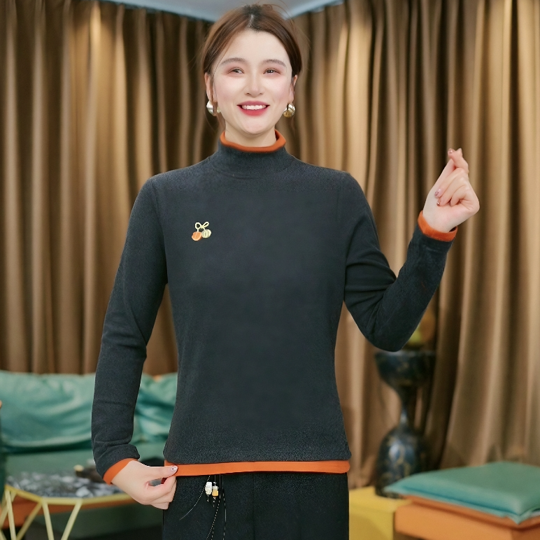 秋冬新款加厚半高领女士打底衫洋气拼接刺绣保暖舒适长袖女士上衣