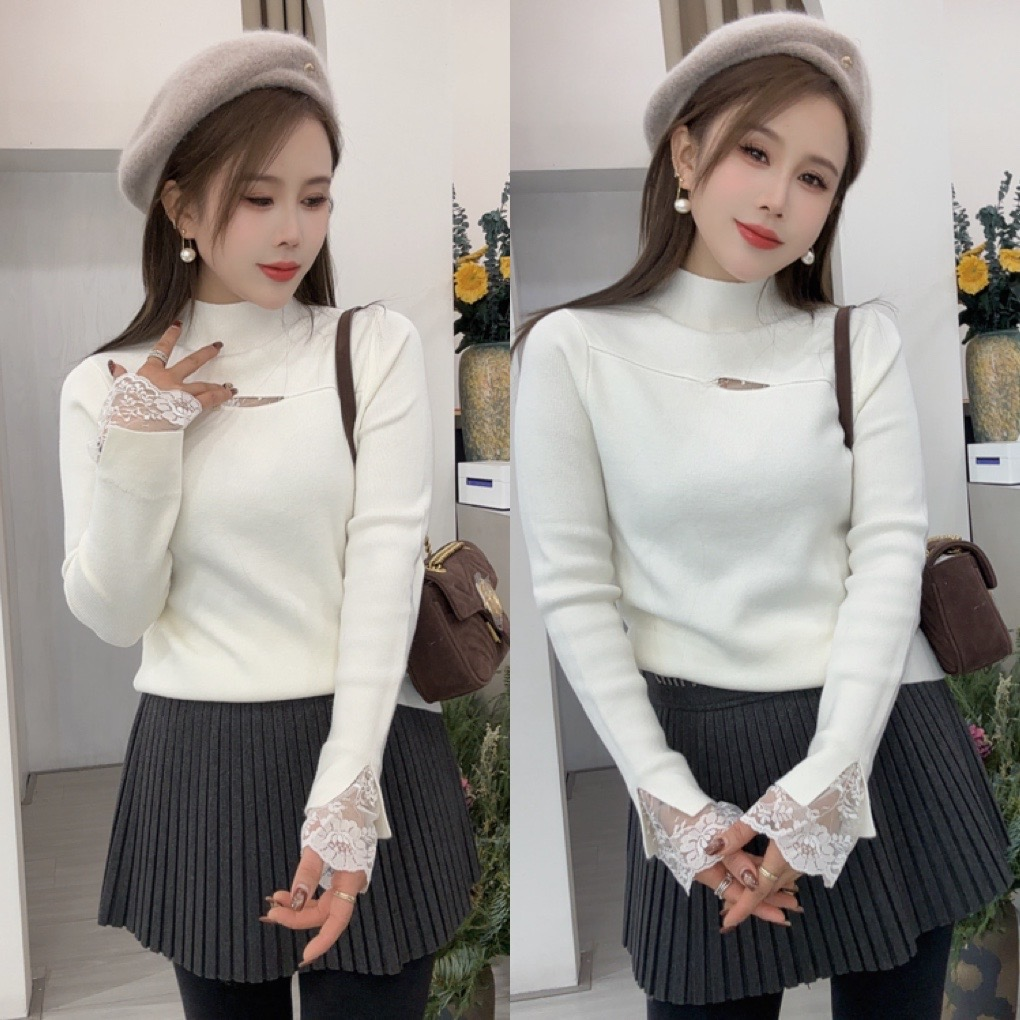 恰逢景梅子自留款冬季显瘦百搭保暖心机袖口蕾丝拼接中领毛衣打底