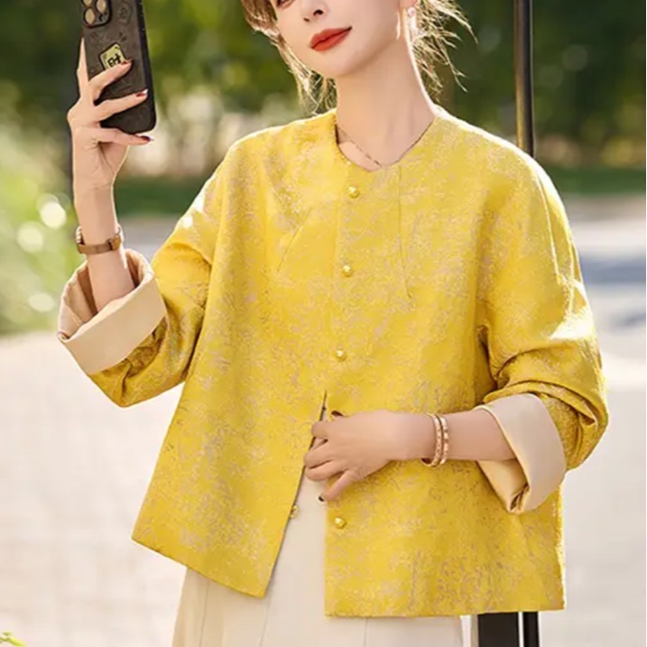新款2025新中式国风黄色提花圆领优雅唐装外套女装