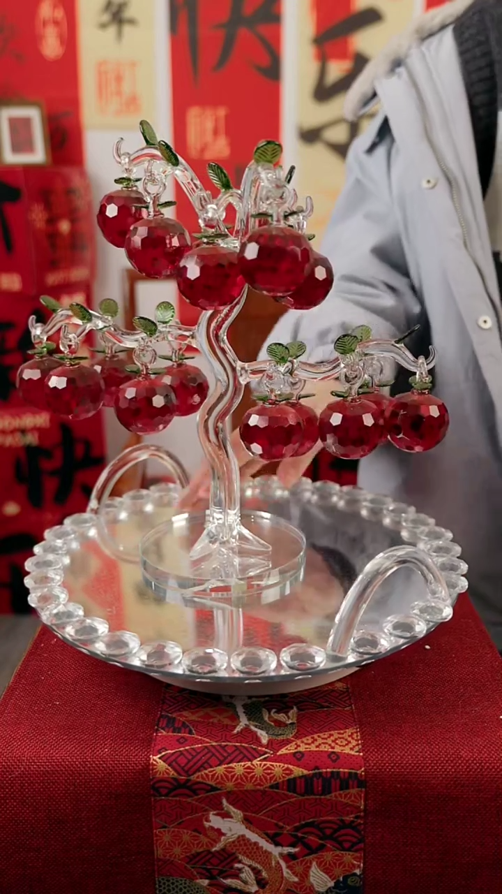 【闪购商品】水晶十八挂全红苹果树摆件
