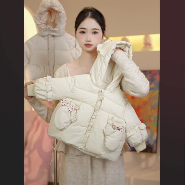 幼羽定制款女童白鸭绒加厚保手套口袋蝴蝶结边设计师款冬季甜美