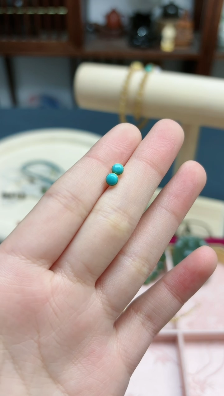 【闪购商品】绿松石耳钉18K金镶嵌18k金4.4mm小圆耳钉*1 WY