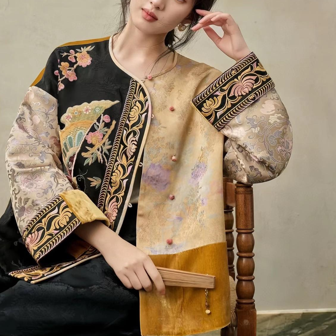 【清安】正版！新中式重磅秋冬厚款刺绣拼接太太服禅意上衣