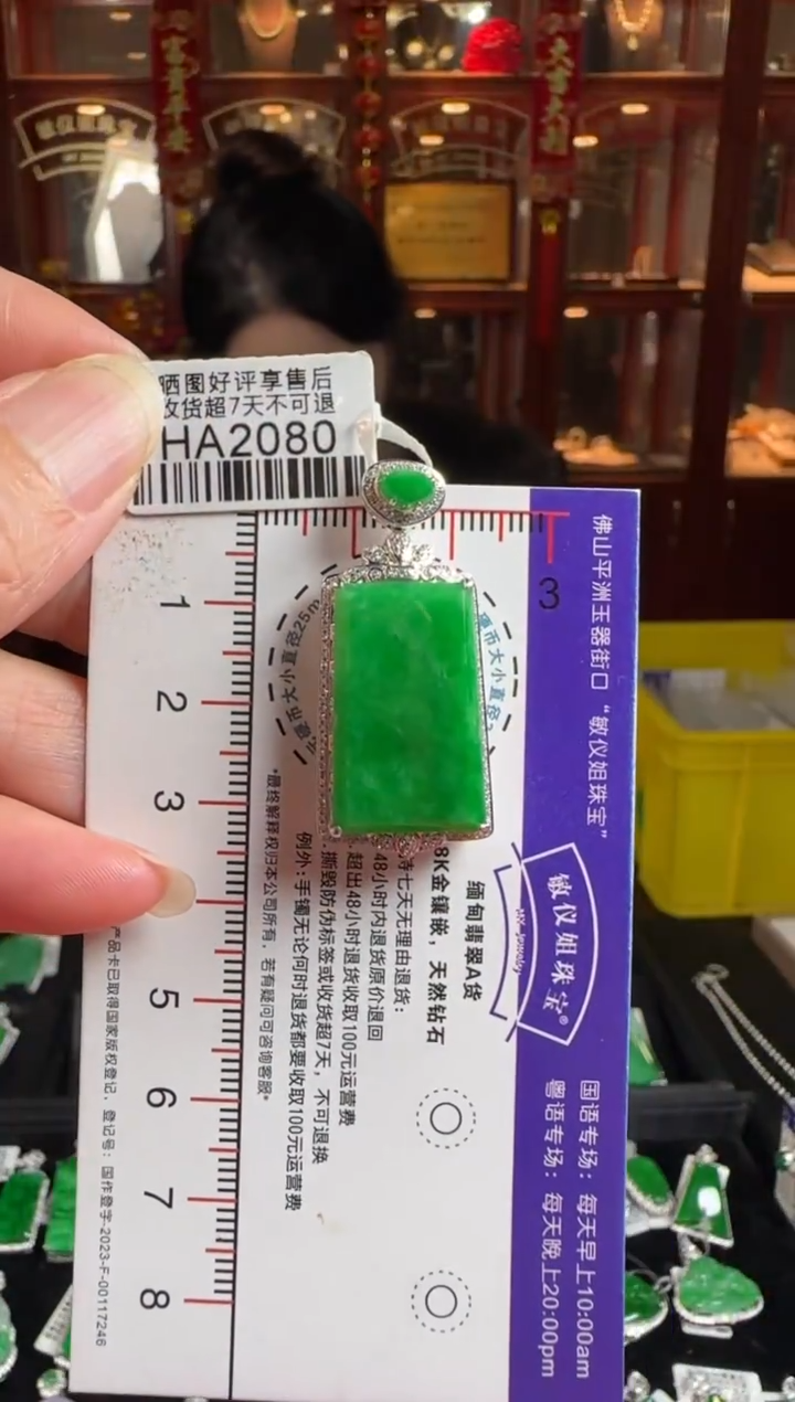 颈饰18K金镶嵌翡翠HA2080冰绿无事牌