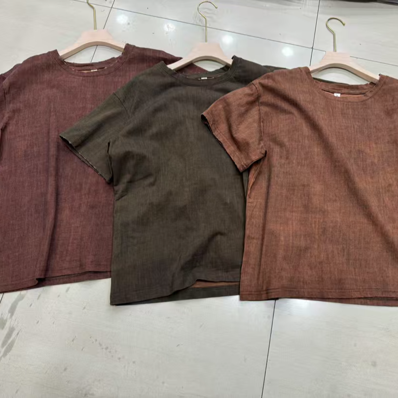 女新款复古物洗植物染纯棉短袖T夏季穿搭撞色古风百搭上衣