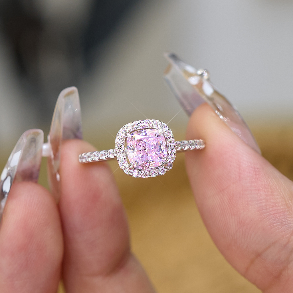 925银合成锆石戒指 公主方粉银戒 高级感时尚情侣小众Y